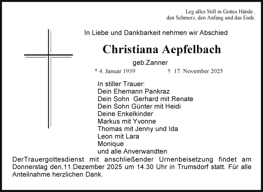  Traueranzeige für Christiana Aepfelbach vom 06.12.2025 aus Nordbayerischer Kurier