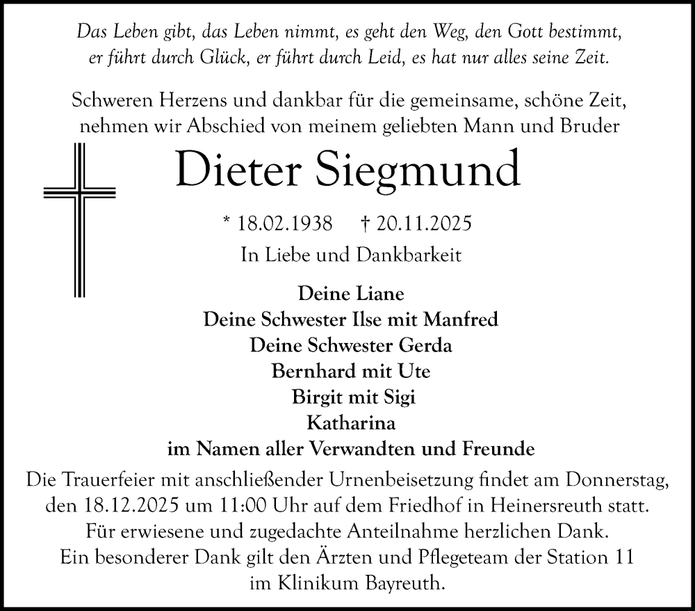  Traueranzeige für Dieter Siegmund vom 13.12.2025 aus Nordbayerischer Kurier