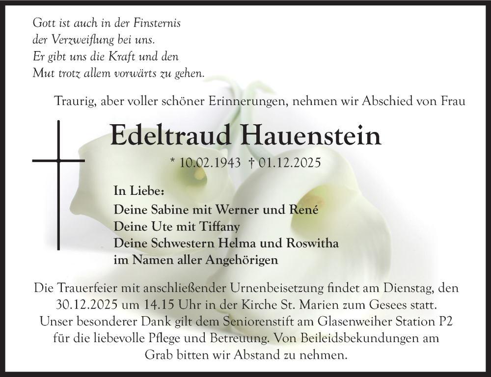  Traueranzeige für Edeltraud Hauenstein vom 20.12.2025 aus Nordbayerischer Kurier