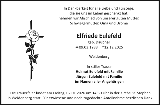 Anzeige von Elfriede Eulefeld von Nordbayerischer Kurier