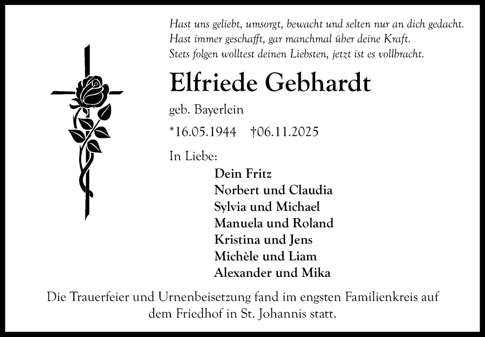  Traueranzeige für Elfriede Gebhardt vom 06.12.2025 aus Nordbayerischer Kurier