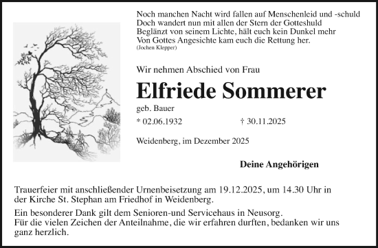 Anzeige von Elfriede Sommerer von Nordbayerischer Kurier