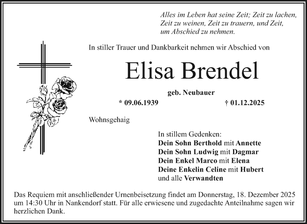  Traueranzeige für Elisa Brendel vom 13.12.2025 aus Nordbayerischer Kurier