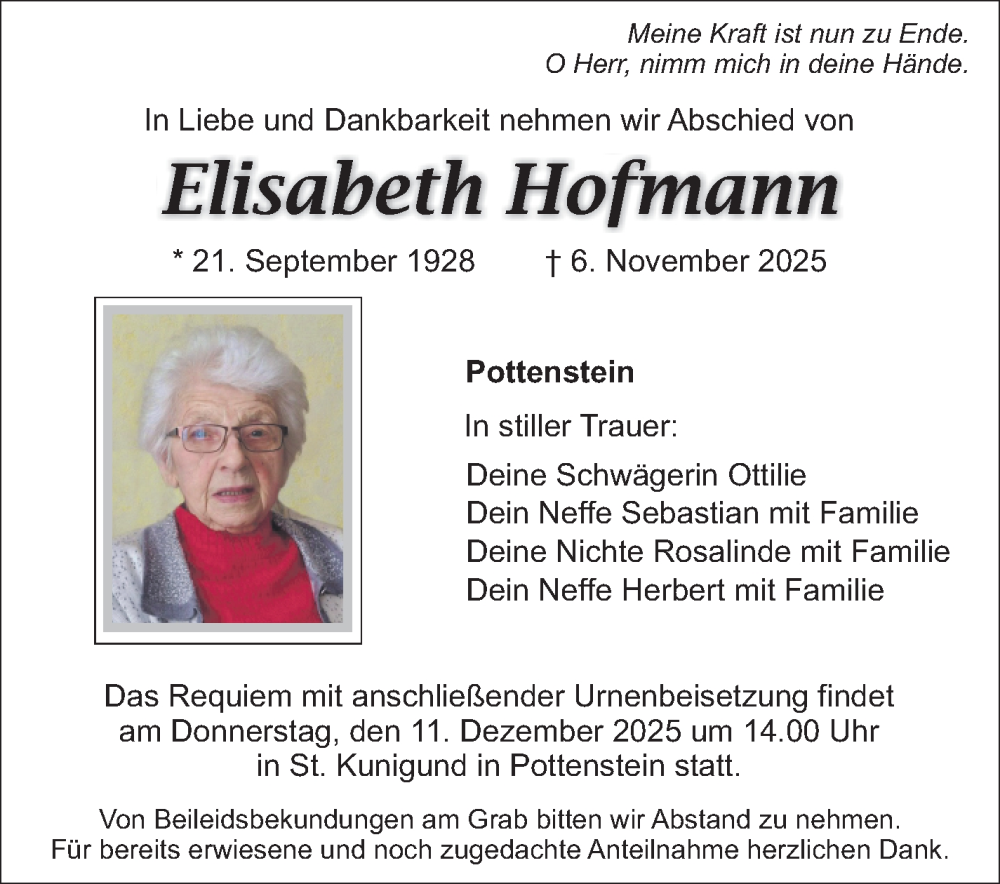  Traueranzeige für Elisabeth Hofmann vom 06.12.2025 aus Nordbayerischer Kurier