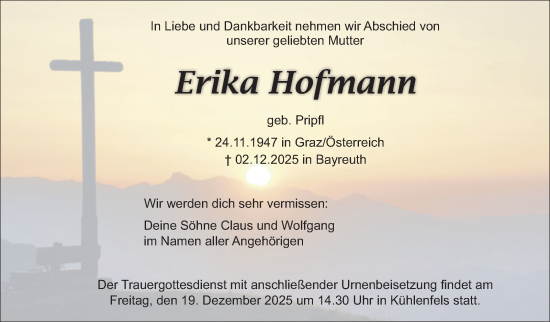 Anzeige von Erika Hofmann von Nordbayerischer Kurier