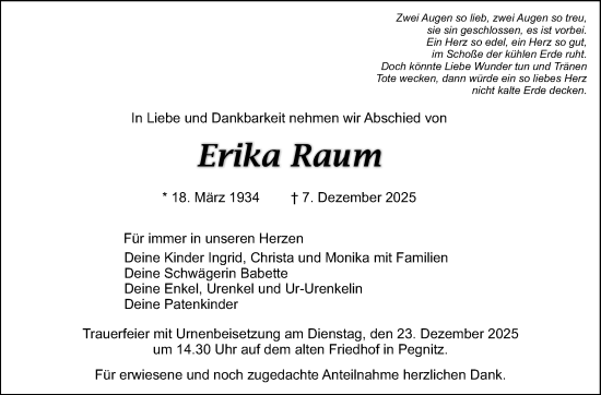 Anzeige von Erika Raum von Nordbayerischer Kurier