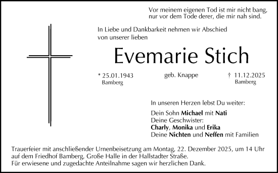 Anzeige von Evemarie Stich von Nordbayerischer Kurier