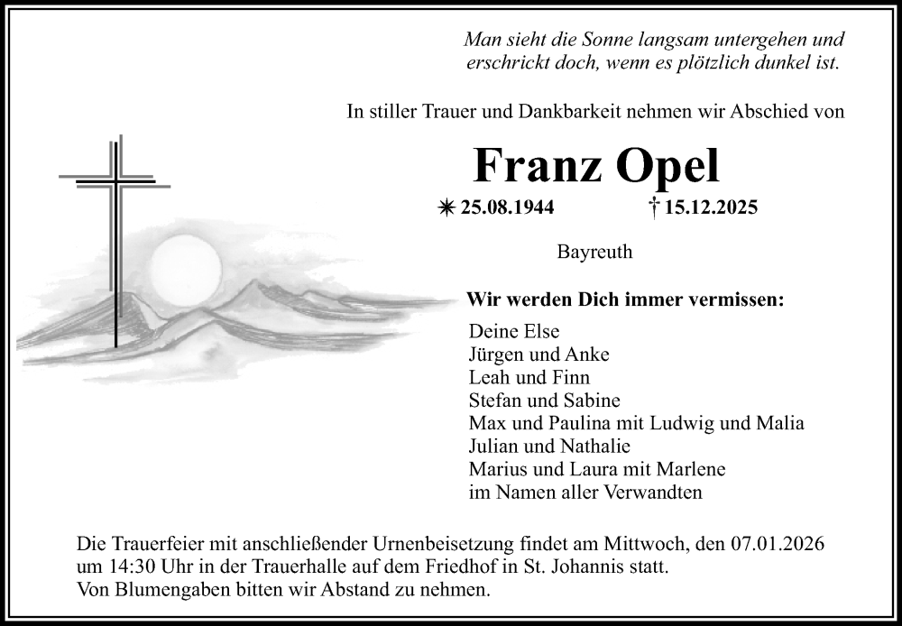  Traueranzeige für Franz Opel vom 27.12.2025 aus Nordbayerischer Kurier