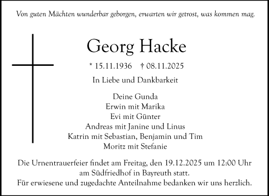 Anzeige von Georg Hacke von Nordbayerischer Kurier