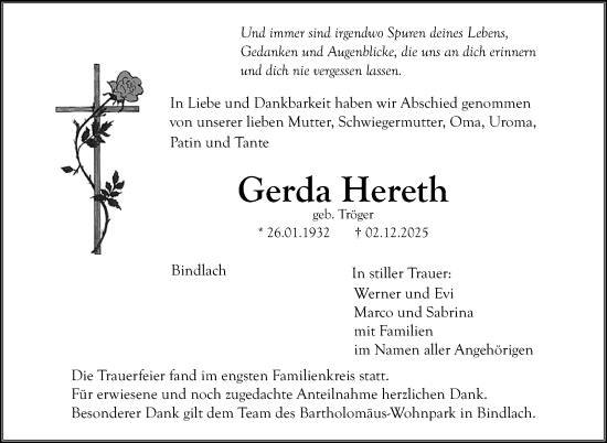 Anzeige von Gerda Hereth von Nordbayerischer Kurier