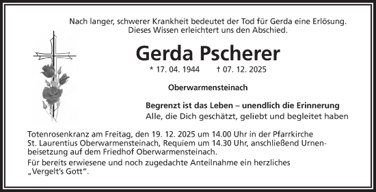 Anzeige von Gerda Pscherer von Nordbayerischer Kurier