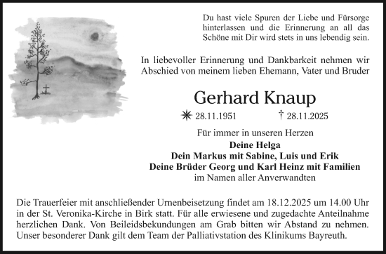 Anzeige von Gerhard Knaup von Nordbayerischer Kurier