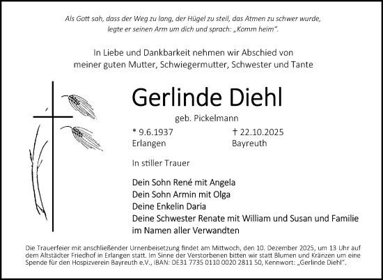 Anzeige von Gerlinde Diehl von Nordbayerischer Kurier