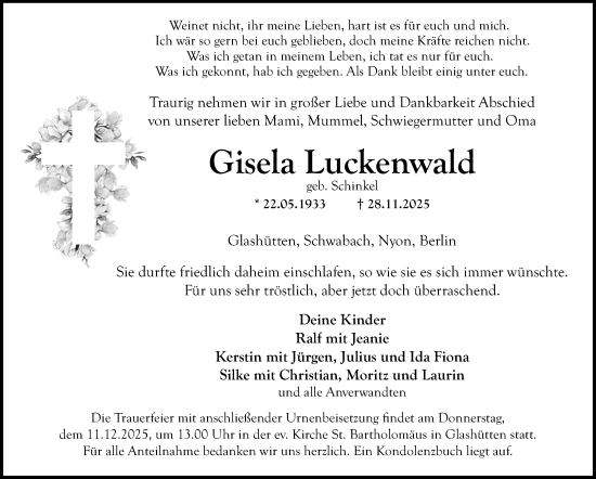 Anzeige von Gisela Luckenwald von Nordbayerischer Kurier