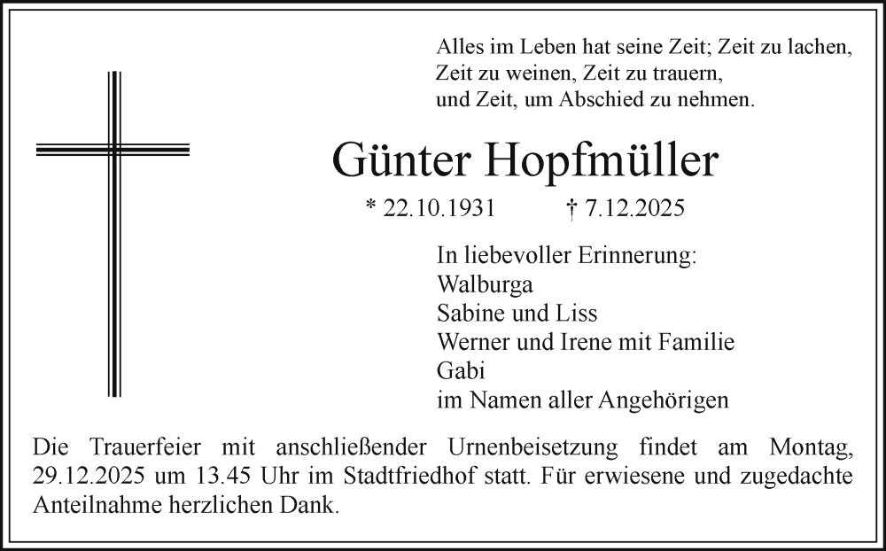  Traueranzeige für Günter Hopfmüller vom 20.12.2025 aus Nordbayerischer Kurier