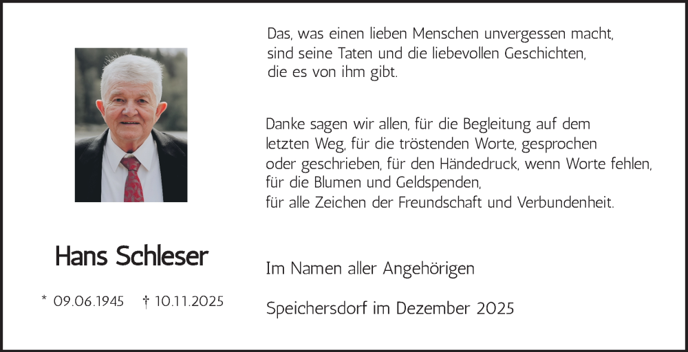  Traueranzeige für Hans Schleser vom 13.12.2025 aus Nordbayerischer Kurier