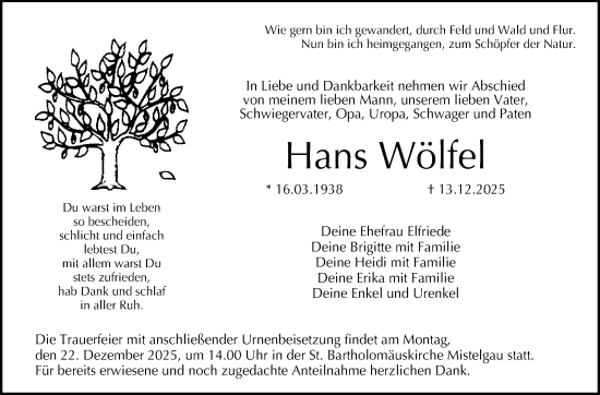 Anzeige von Hans Wölfel von Nordbayerischer Kurier