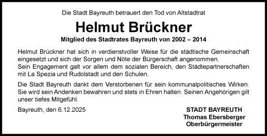 Anzeige von Helmut Brückner von Nordbayerischer Kurier