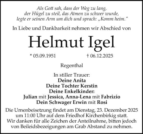 Anzeige von Helmut Igel von Nordbayerischer Kurier