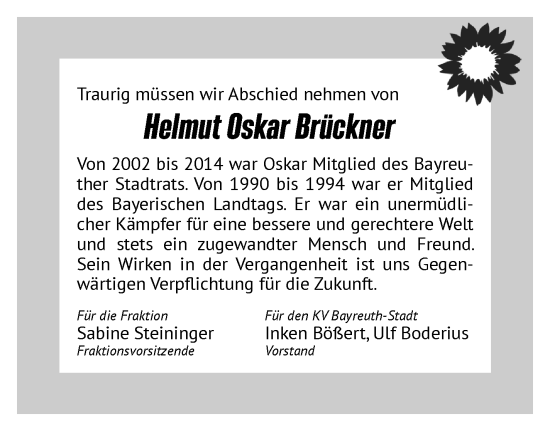 Anzeige von Helmut Oskar Brückner von Nordbayerischer Kurier