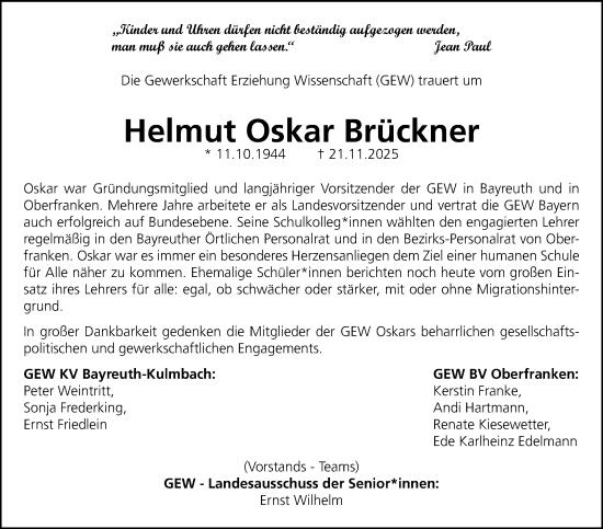 Anzeige von Helmut Oskar Brückner von Nordbayerischer Kurier