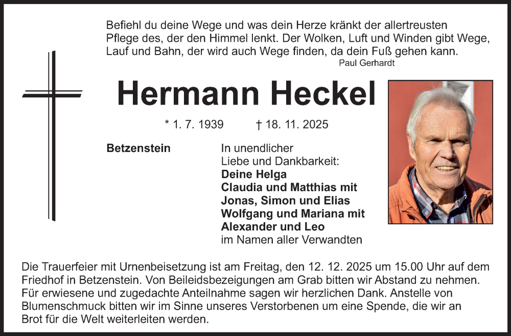  Traueranzeige für Hermann Heckel vom 06.12.2025 aus Nordbayerischer Kurier