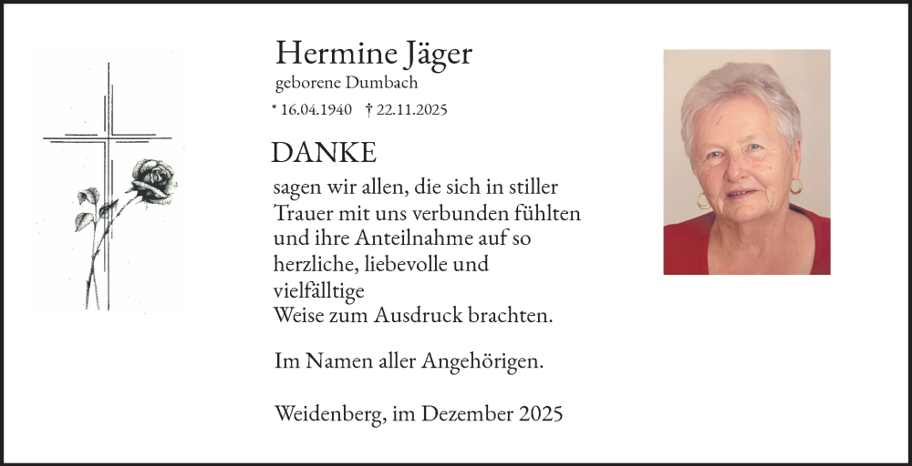  Traueranzeige für Hermine Jäger vom 20.12.2025 aus Nordbayerischer Kurier
