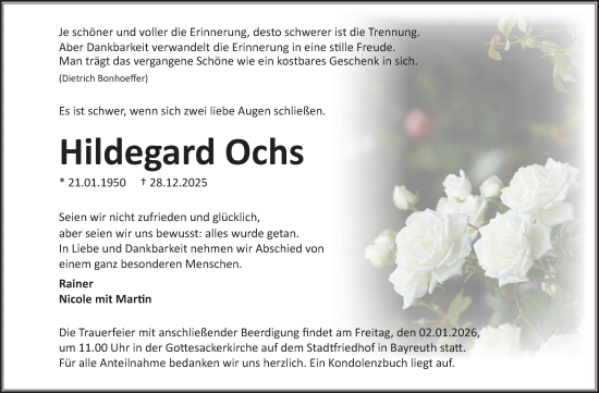 Anzeige von Hildegard Ochs von Nordbayerischer Kurier