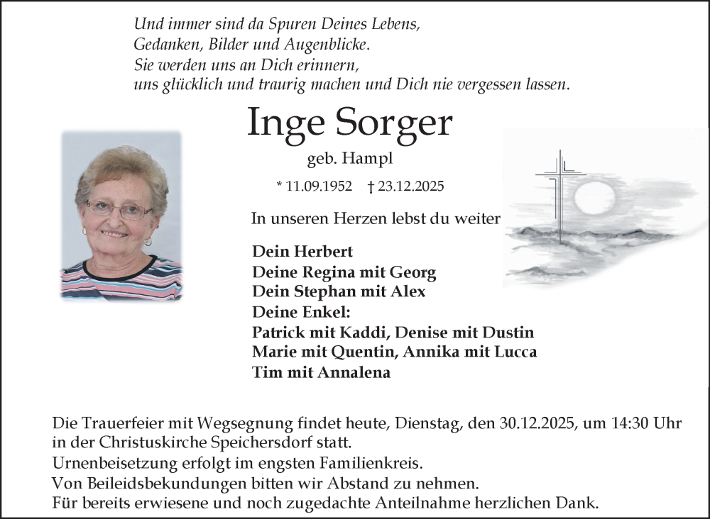  Traueranzeige für Inge Sorger vom 30.12.2025 aus Nordbayerischer Kurier