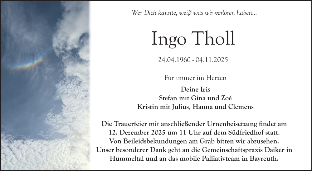  Traueranzeige für Ingo Tholl vom 06.12.2025 aus Nordbayerischer Kurier