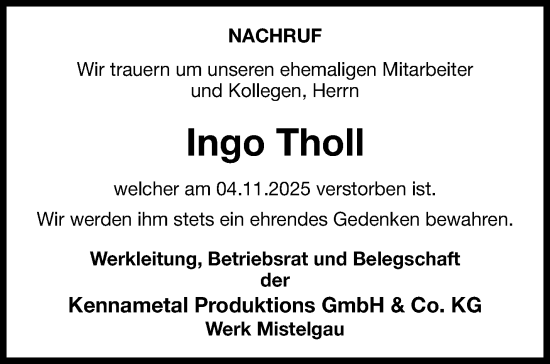 Anzeige von Ingo Tholl von Nordbayerischer Kurier