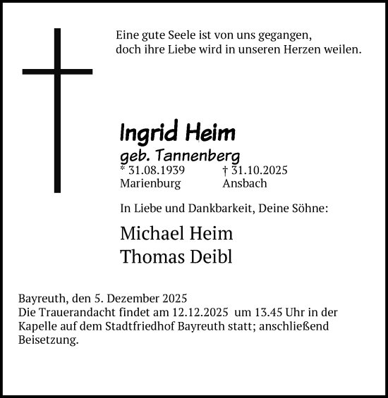 Anzeige von Ingrid Heim von Nordbayerischer Kurier