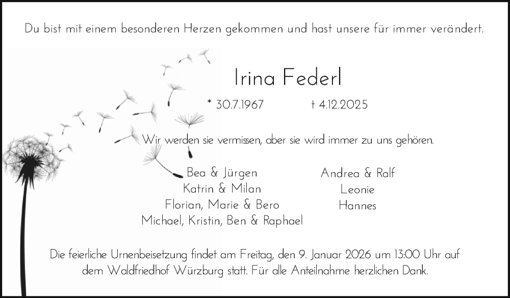  Traueranzeige für Irina Federl vom 20.12.2025 aus Nordbayerischer Kurier
