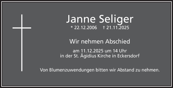 Anzeige von Janne Seliger von Nordbayerischer Kurier