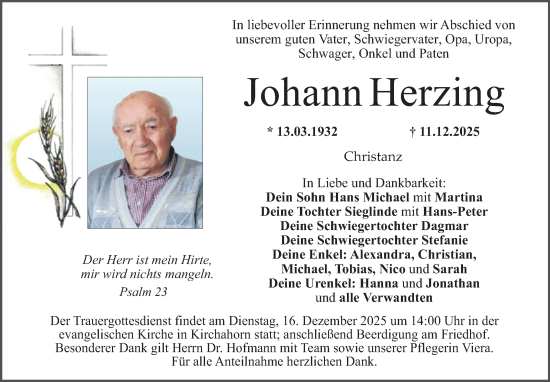Anzeige von Johann Herzing von Nordbayerischer Kurier