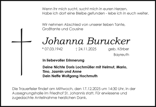 Anzeige von Johanna Burucker von Nordbayerischer Kurier