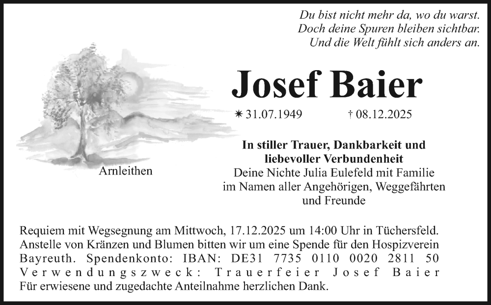  Traueranzeige für Josef Baier vom 13.12.2025 aus Nordbayerischer Kurier