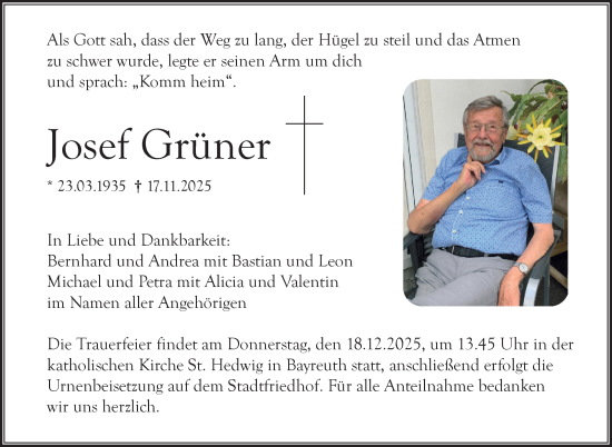 Anzeige von Josef Grüner von Nordbayerischer Kurier