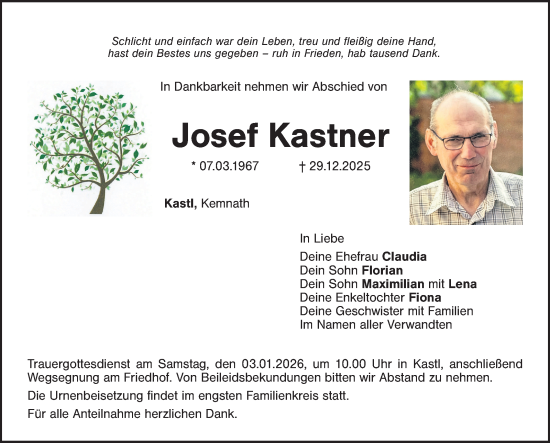 Anzeige von Josef Kastner von Nordbayerischer Kurier