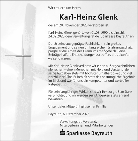 Anzeige von Karl-Heinz Glenk von Nordbayerischer Kurier