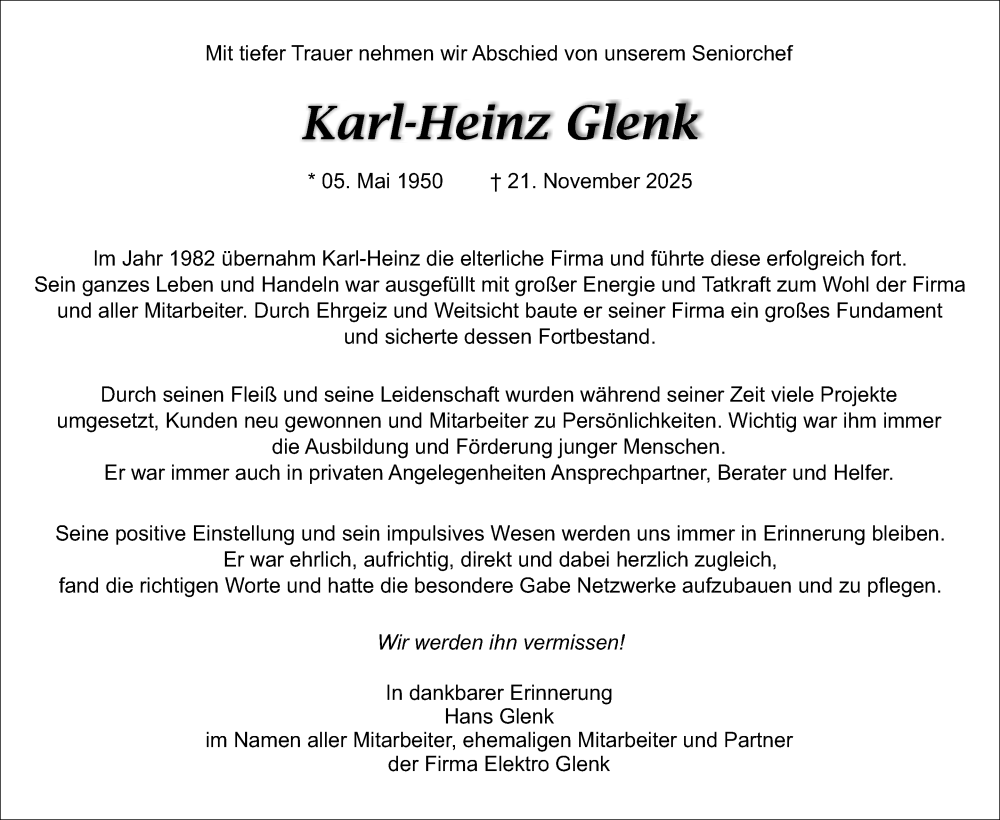  Traueranzeige für Karl-Heinz Glenk vom 06.12.2025 aus Nordbayerischer Kurier