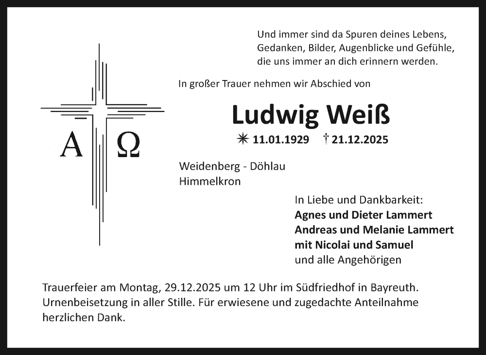  Traueranzeige für Ludwig Weiß vom 27.12.2025 aus Nordbayerischer Kurier