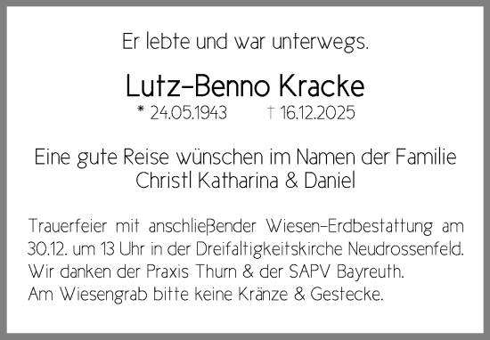 Anzeige von Lutz-Benno Kracke von Nordbayerischer Kurier