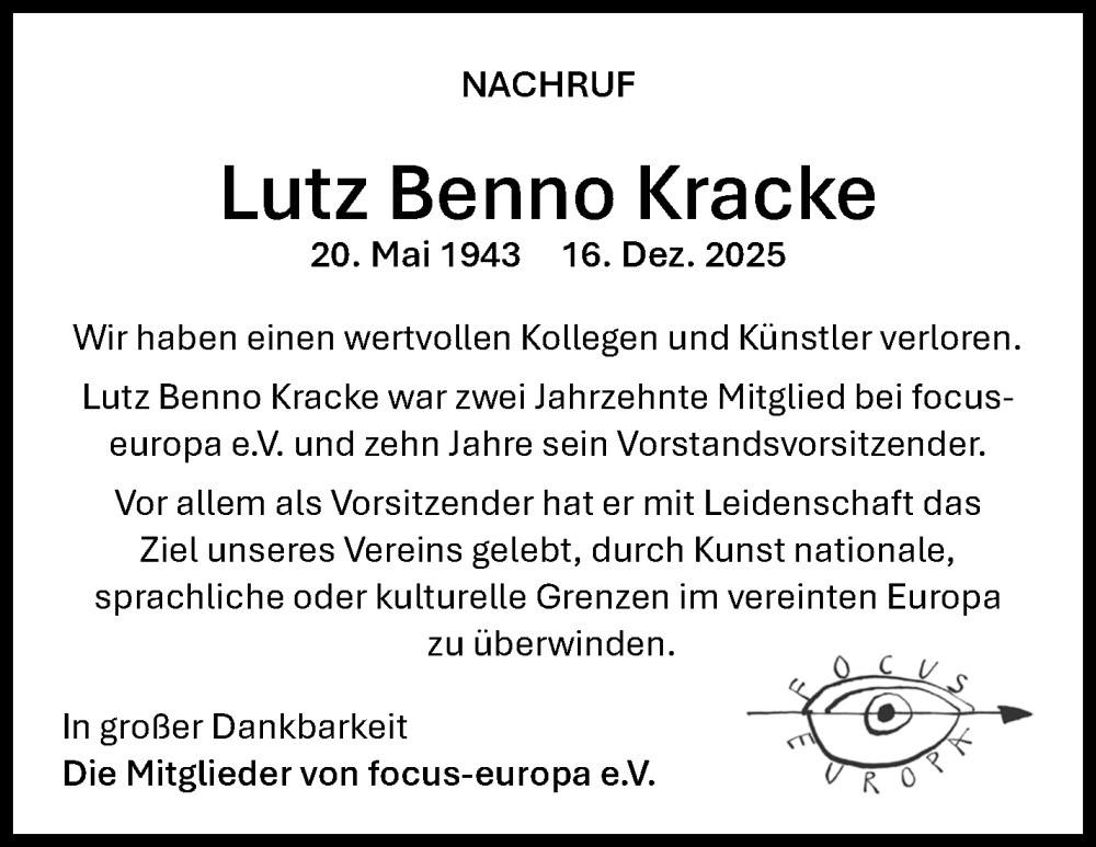  Traueranzeige für Lutz Benno Kracke vom 31.12.2025 aus Nordbayerischer Kurier