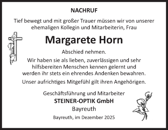 Anzeige von Margarete Horn von Nordbayerischer Kurier