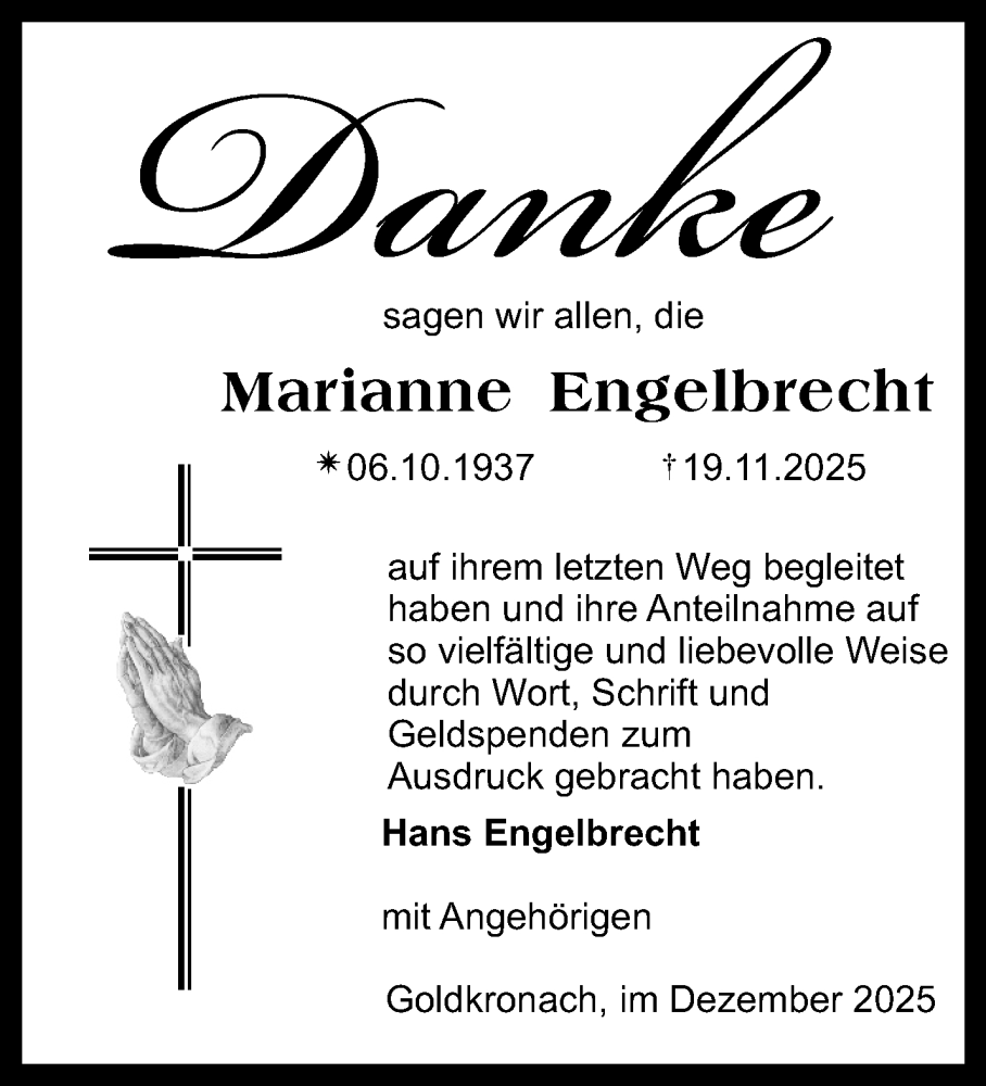  Traueranzeige für Marianne Engelbrecht vom 27.12.2025 aus Nordbayerischer Kurier