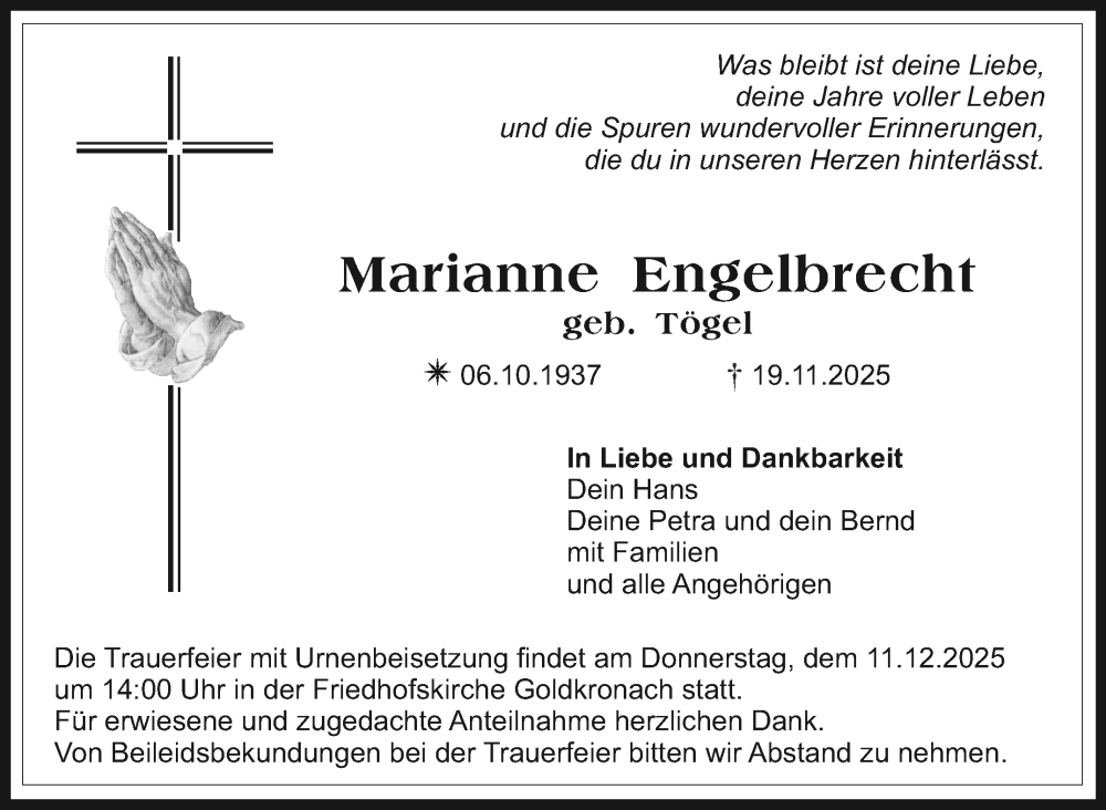  Traueranzeige für Marianne Engelbrecht vom 06.12.2025 aus Nordbayerischer Kurier