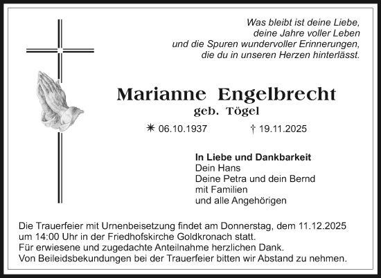 Anzeige von Marianne Engelbrecht von Nordbayerischer Kurier