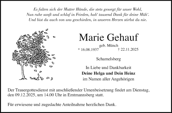 Anzeige von Marie Gehauf von Nordbayerischer Kurier