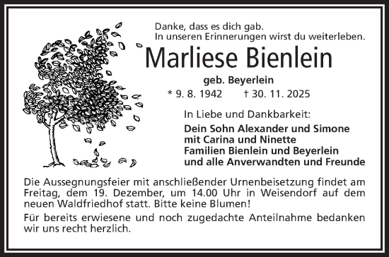 Anzeige von Marliese Bienlein von Nordbayerischer Kurier